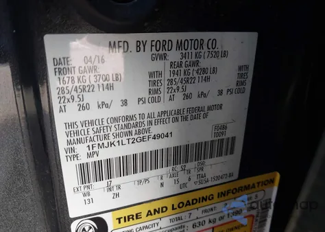 2016 Ford Expedition El Platinum from USA, damaged, VIN 1FMJK1LT2GEF49041